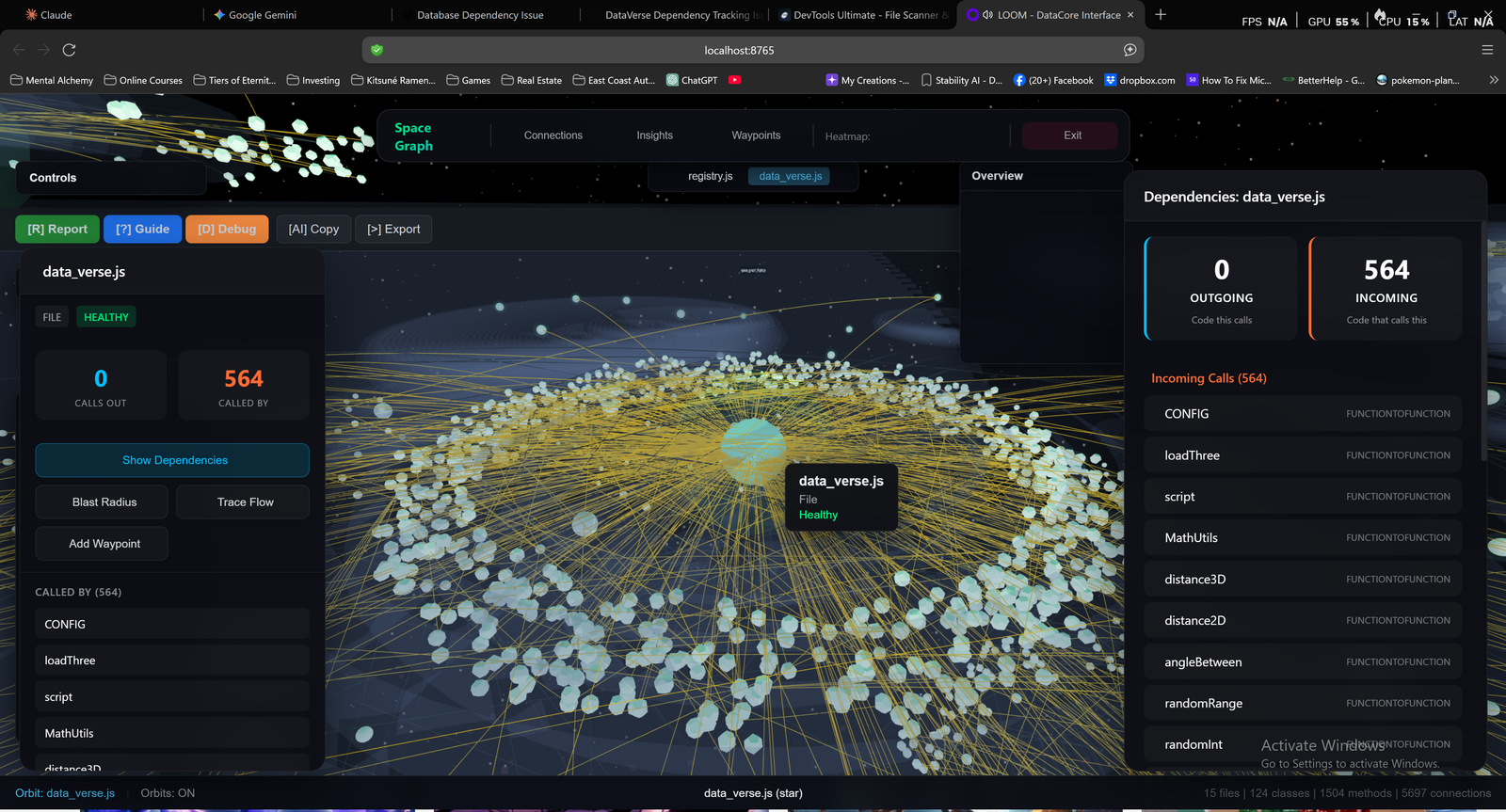 LOOM Dependency Map showing call graph with color-coded nodes indicating healthy code, issues, and dead code